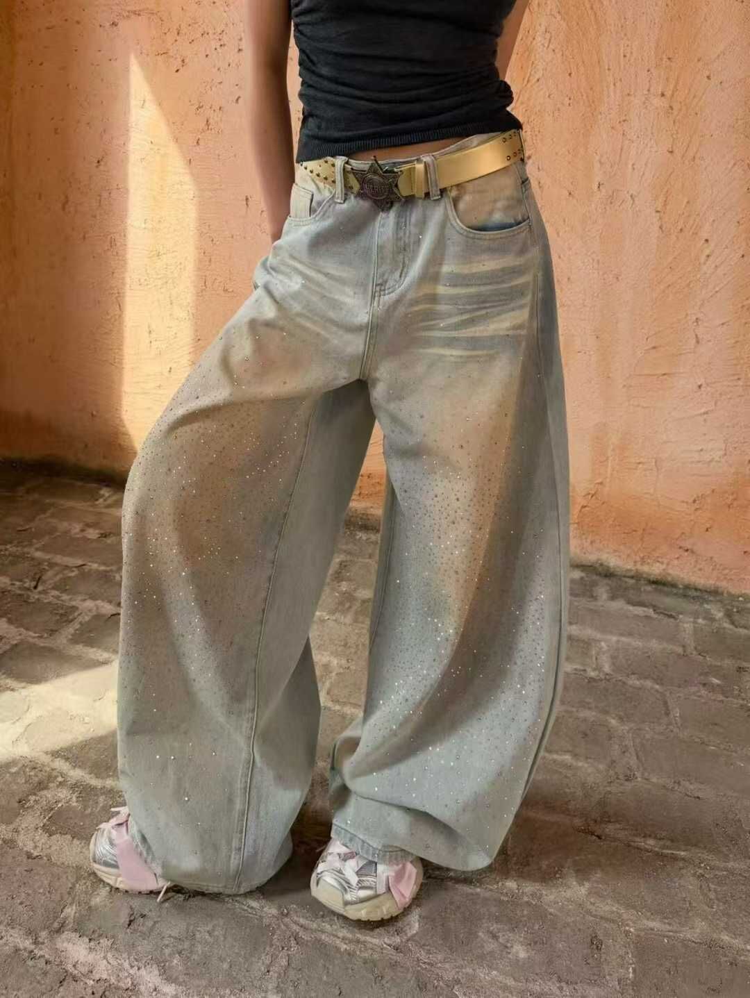 《S.V》閃耀燙鑽作舊彎刀褲