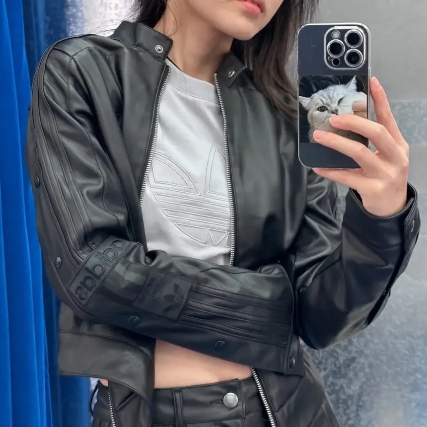 代購-<宋雨琦同款> Adidas Originals ADIBREAK Premium Pleather Track Top 修身 外套 女款 黑色