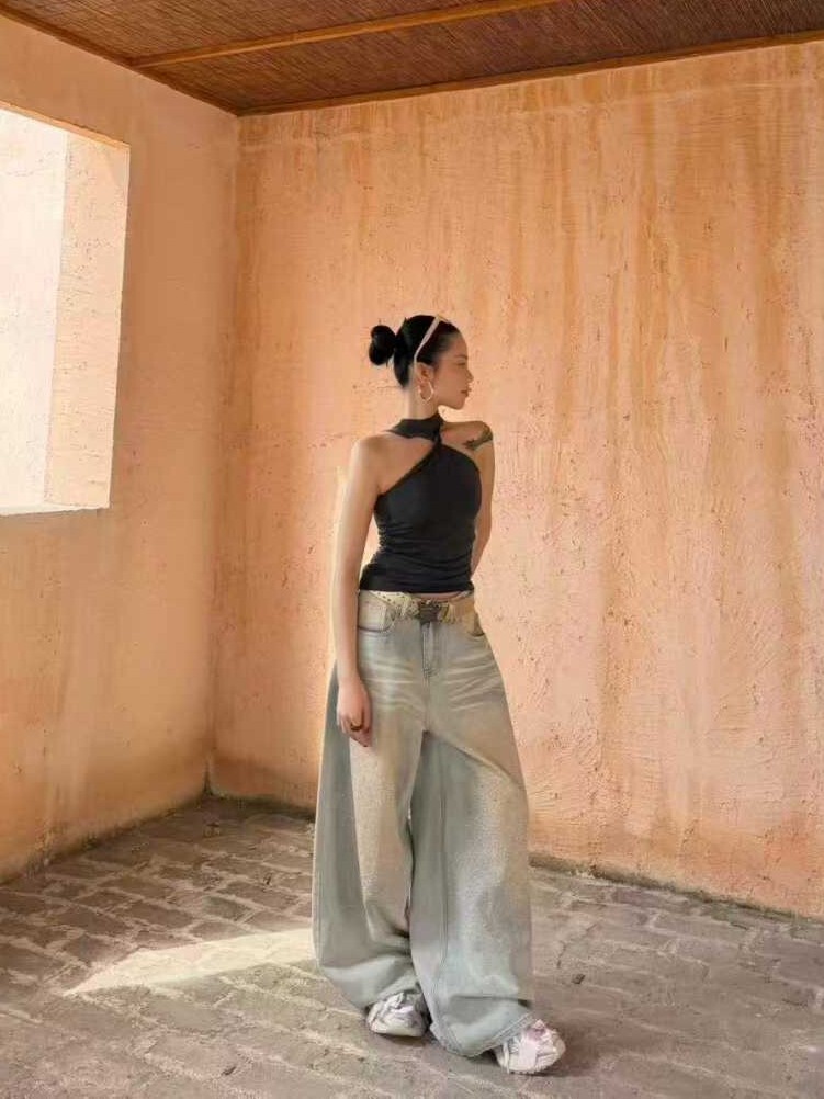 《S.V》閃耀燙鑽作舊彎刀褲