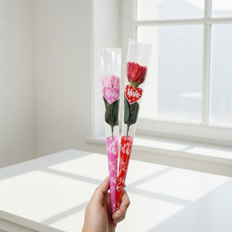 手拿粉色紅色單朵母親節康乃馨香皂花束在陽光白窗白色桌上