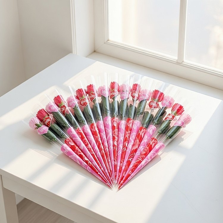 粉色紅色單朵母親節康乃馨香皂花束在陽光白窗白色桌上