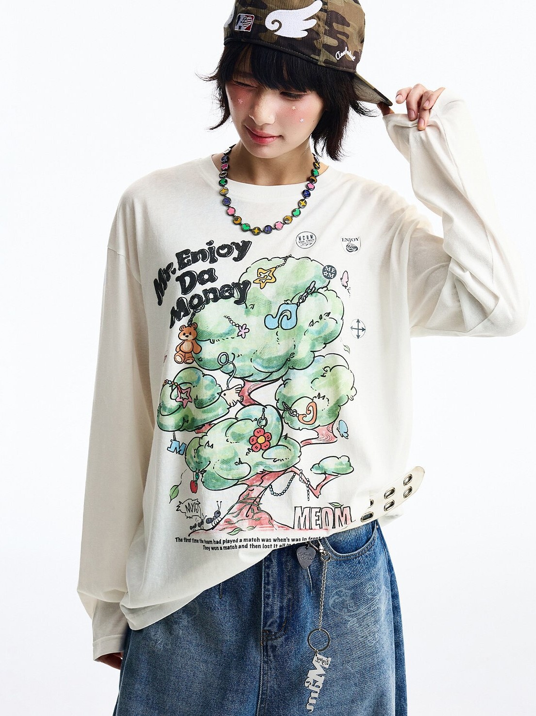 MEDM 奇趣數卡貼膠印印花 寬鬆休閒 圓領 長袖T