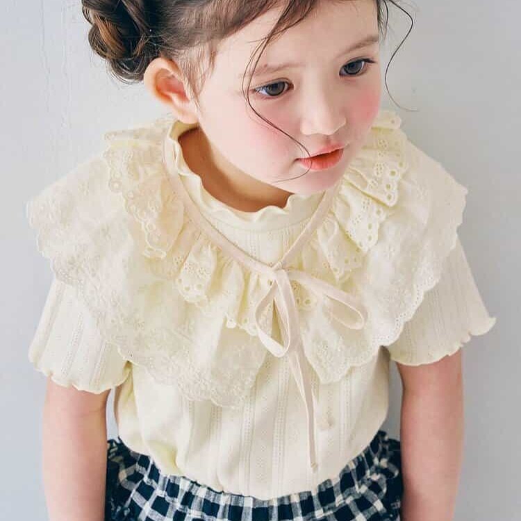 日本 90-140 蕾絲領+木耳邊上衣套裝 3色