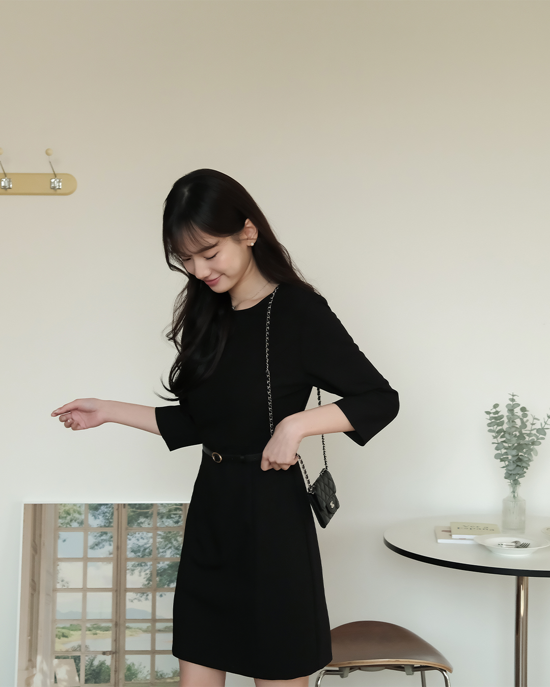 Selene質感七分袖壓線洋裝(附霧金釦皮帶)  ( 1 colors )