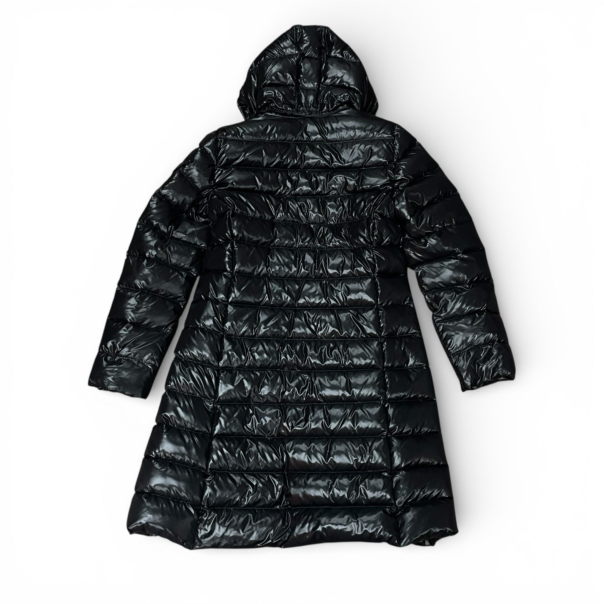 98%NEW二手MONCLER長羽絨 中碼 黑色流線型 可拆式風帽 #香榭站正品