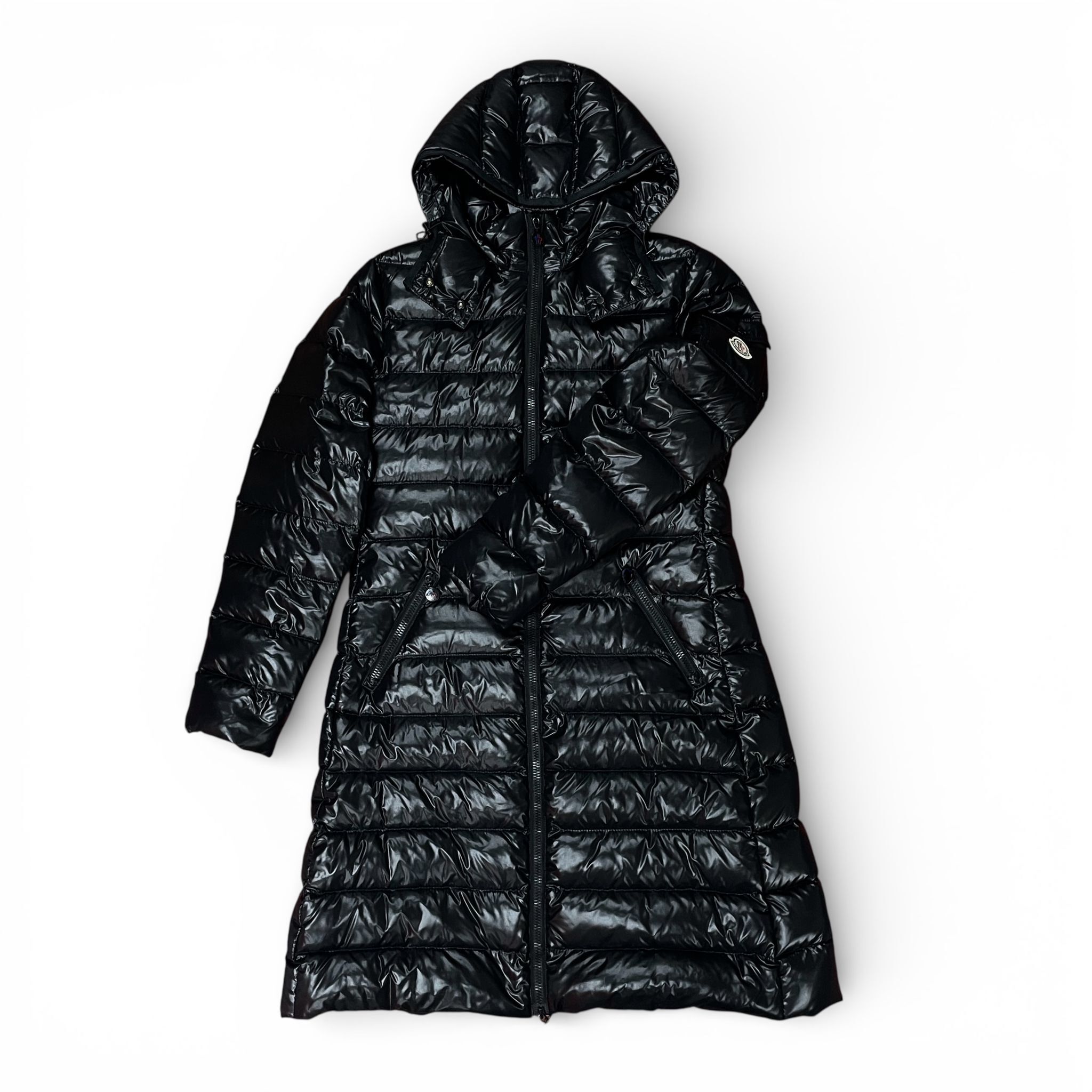98%NEW二手MONCLER長羽絨 中碼 黑色流線型 可拆式風帽 #香榭站正品