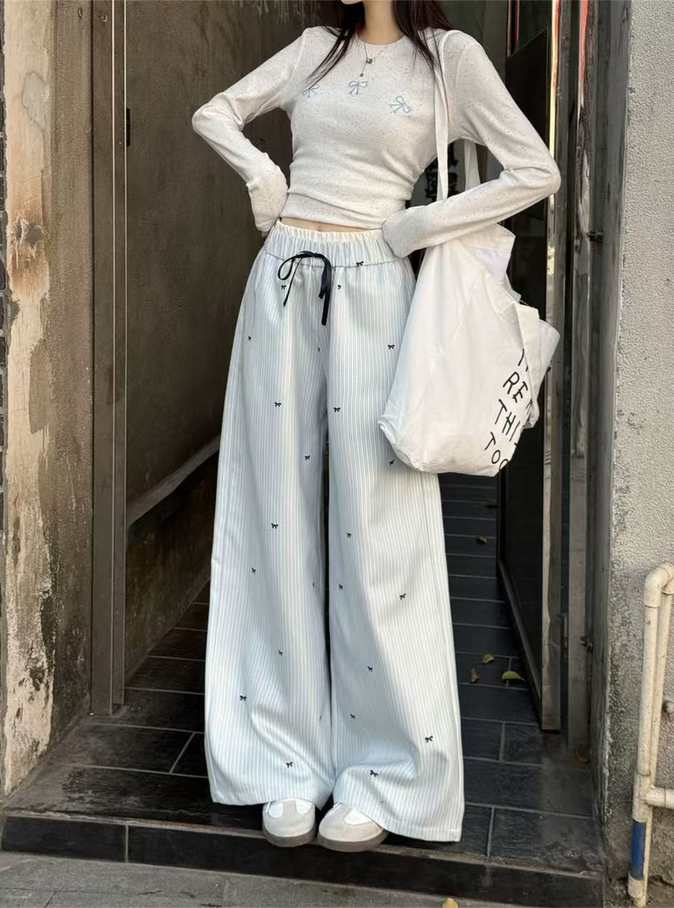 Korean Blue Striped Wide-Leg Casual Pants