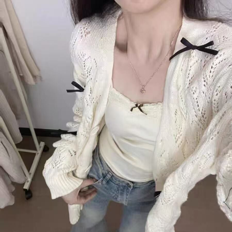 Hollow-Out Bow Knit Cardigan