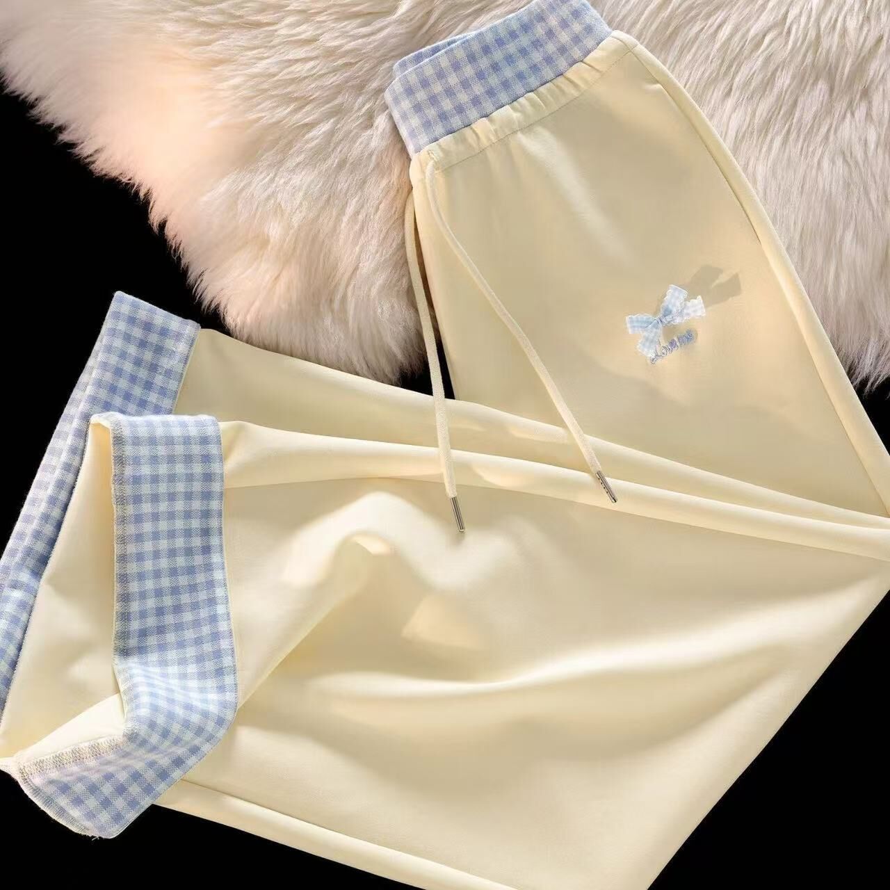 Japanese-Style Plaid Embroidery Patchwork Wide-Leg Pants