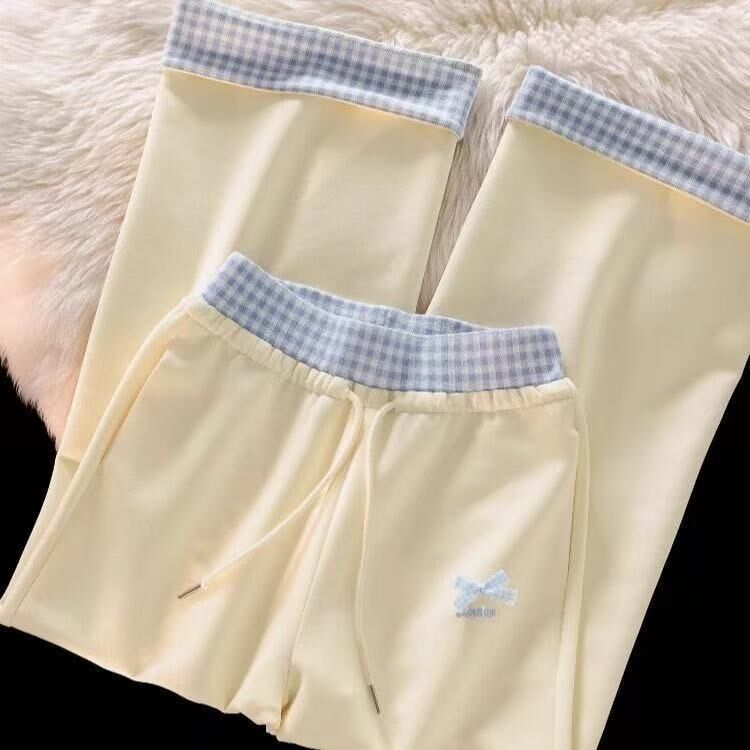 Japanese-Style Plaid Embroidery Patchwork Wide-Leg Pants