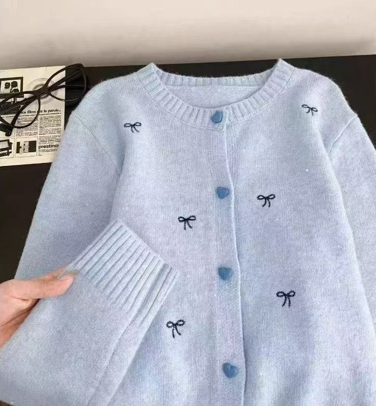 Blue Embroidered Bow Knit Crewneck Cardigan