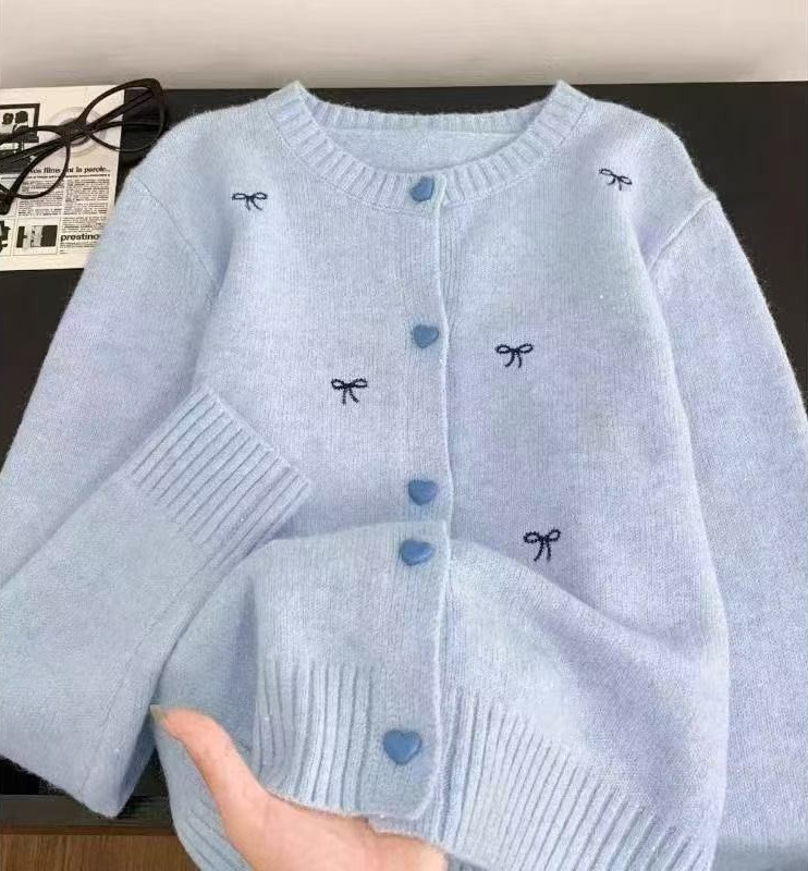 Blue Embroidered Bow Knit Crewneck Cardigan