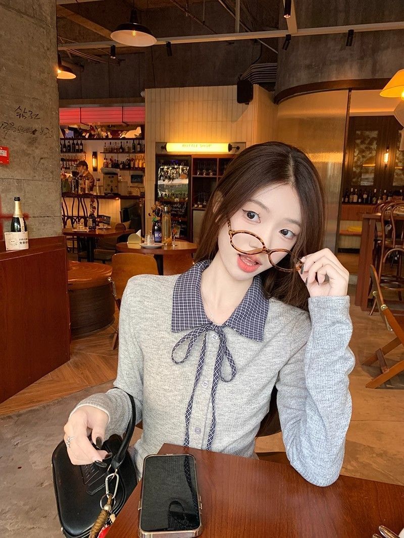 Plaid Patchwork Polo‑Collar Long‑Sleeve Top