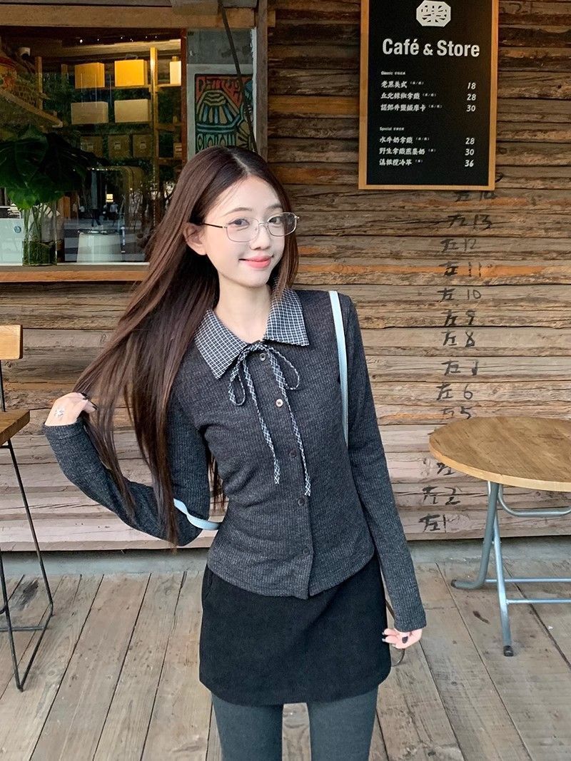 Plaid Patchwork Polo‑Collar Long‑Sleeve Top