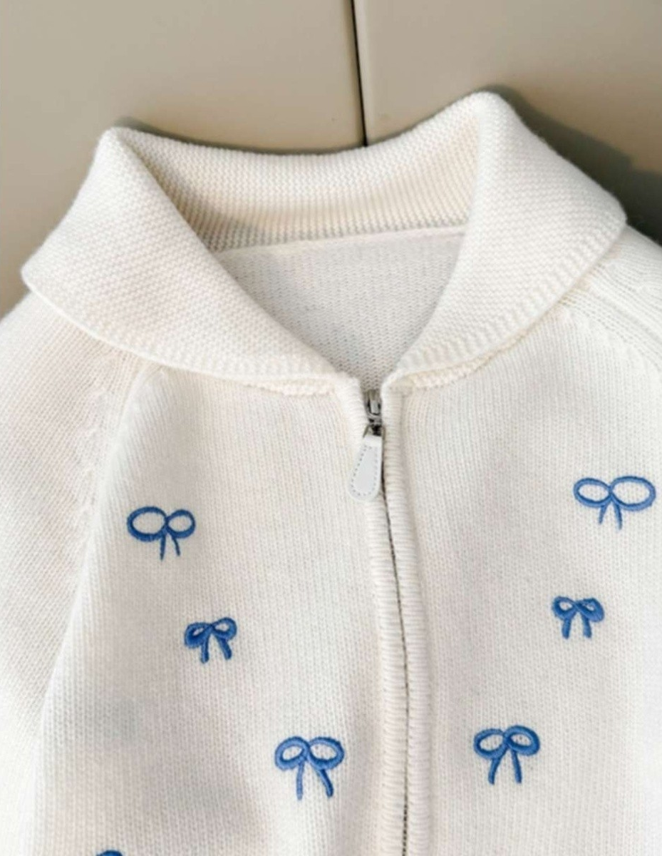 Vintage Sweet Bow Zip‑Up Knit Jacket