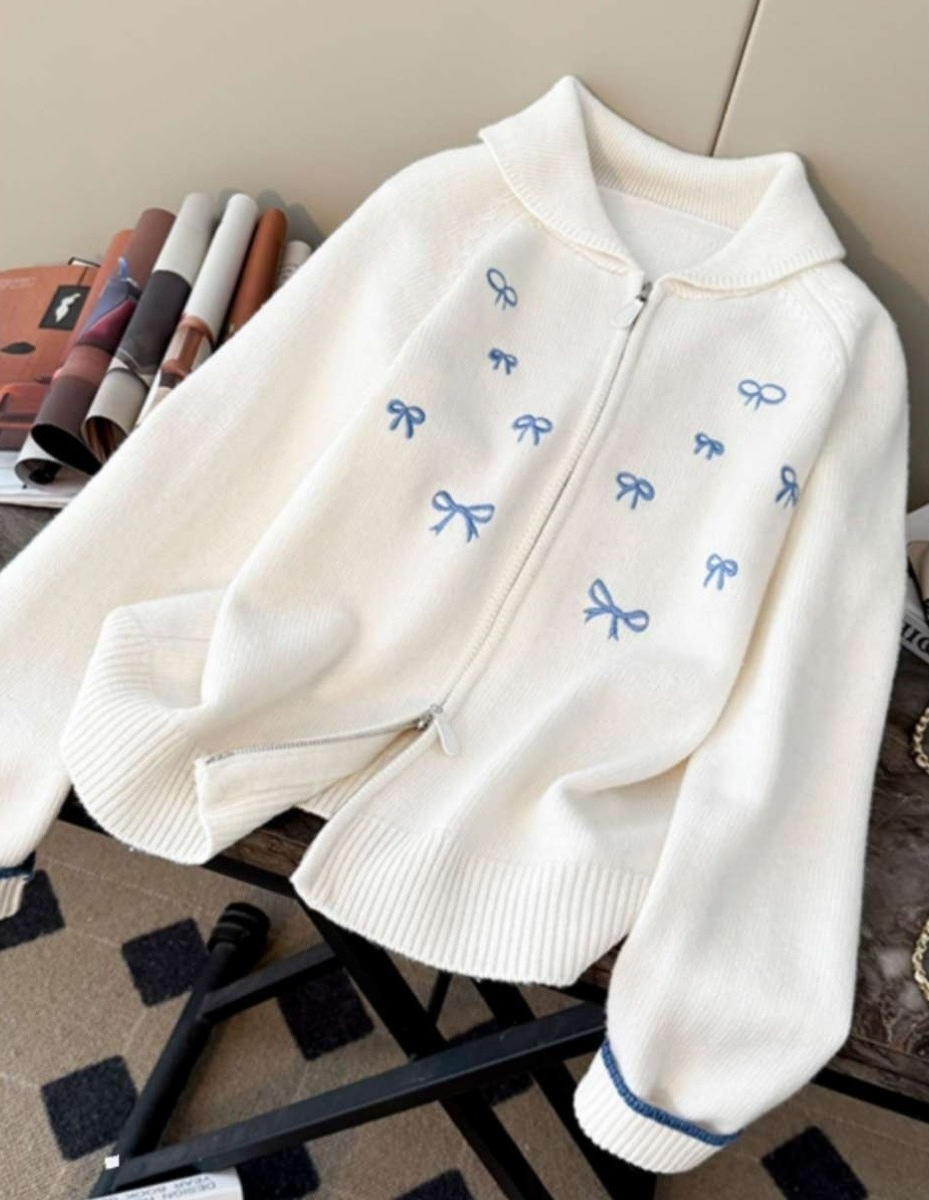 Vintage Sweet Bow Zip‑Up Knit Jacket