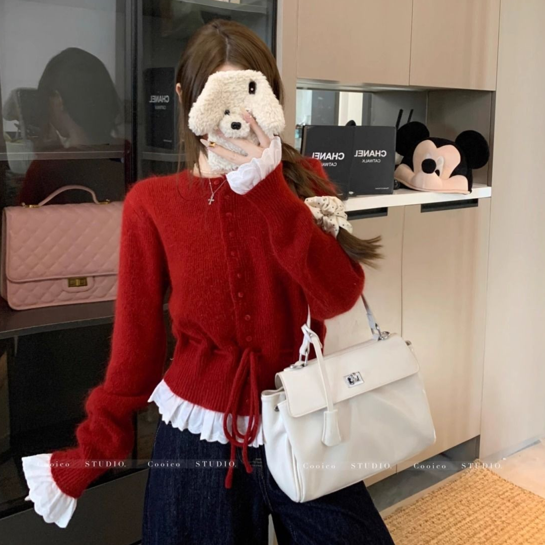 Sweet Ruffle Tie Knit Cardigan