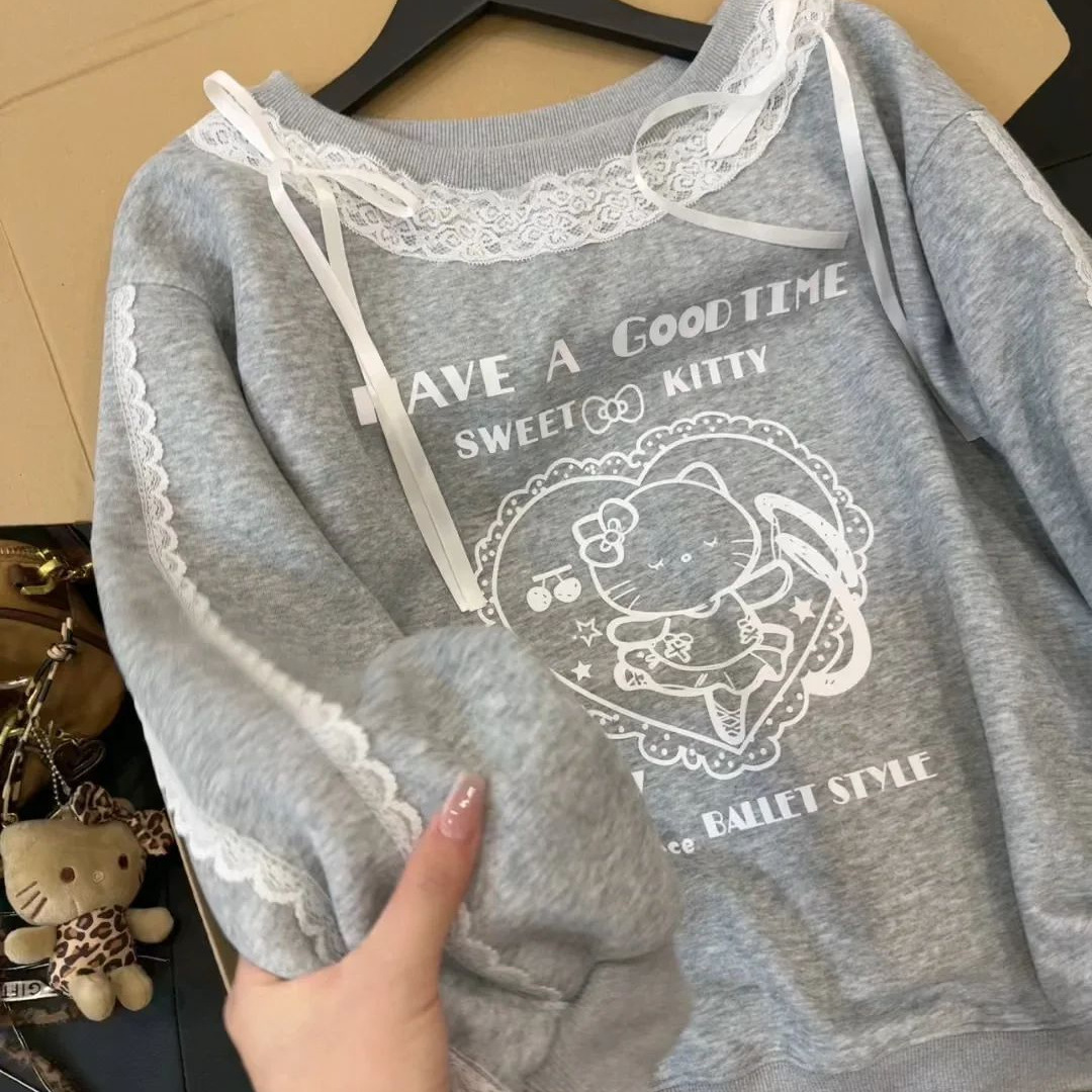 Lace Cat Asymmetrical Off‑Shoulder Sweatshirt