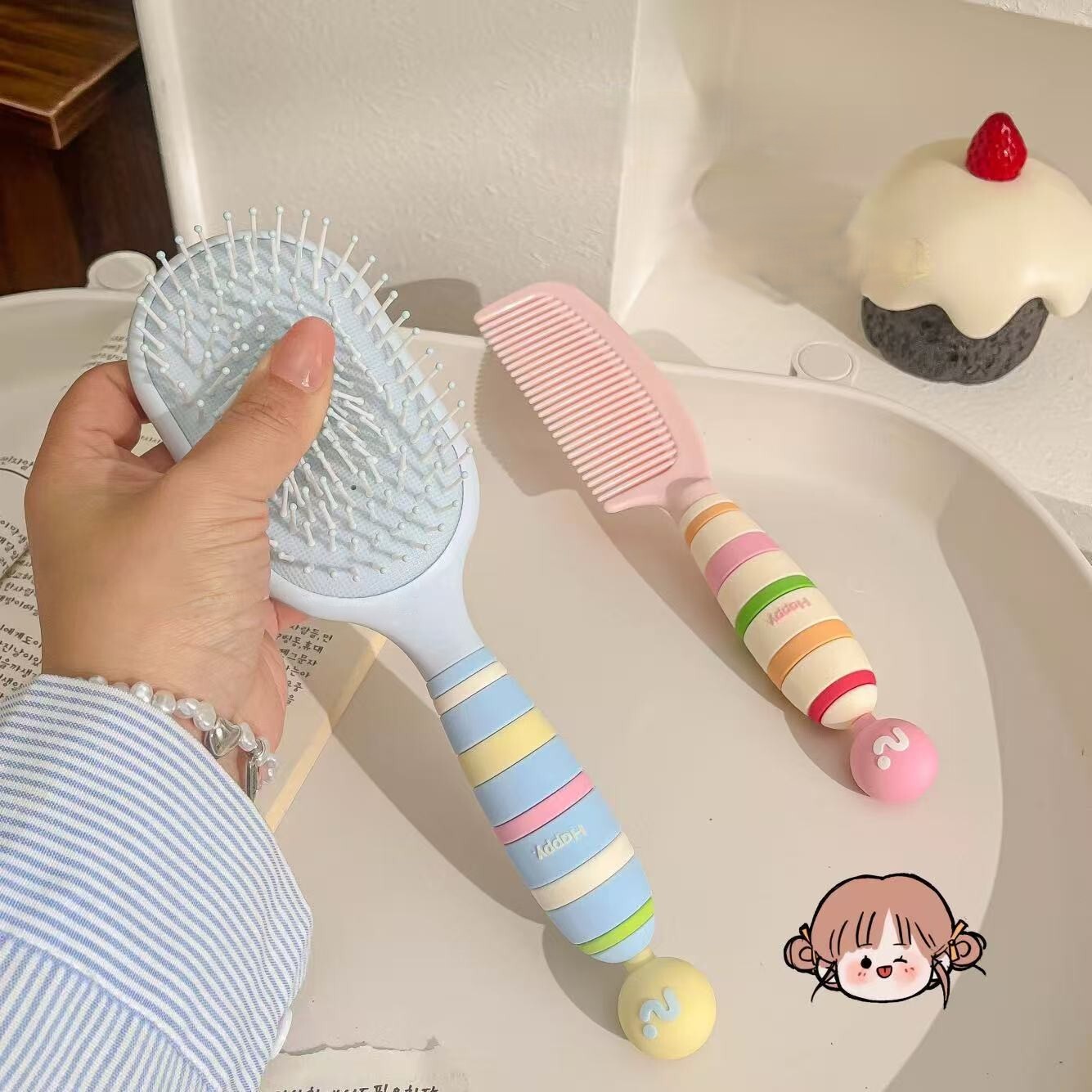 《6601》馬卡龍胖胖握把氣墊梳直髮梳