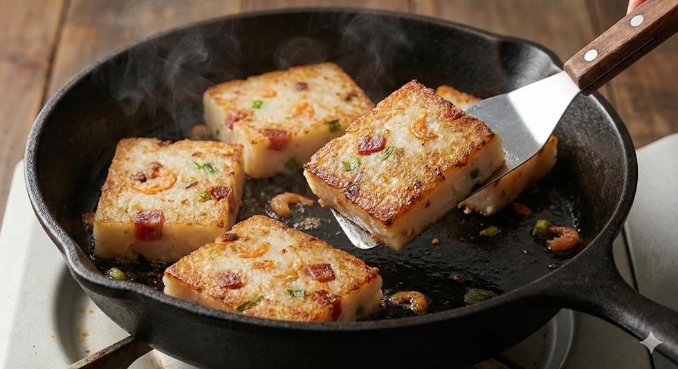 下鍋前先把鍋子預熱，再倒油鋪開，等油微微起波紋時再放入蘿蔔糕，等底部自然形成金黃脆殼，翻一次面就好。