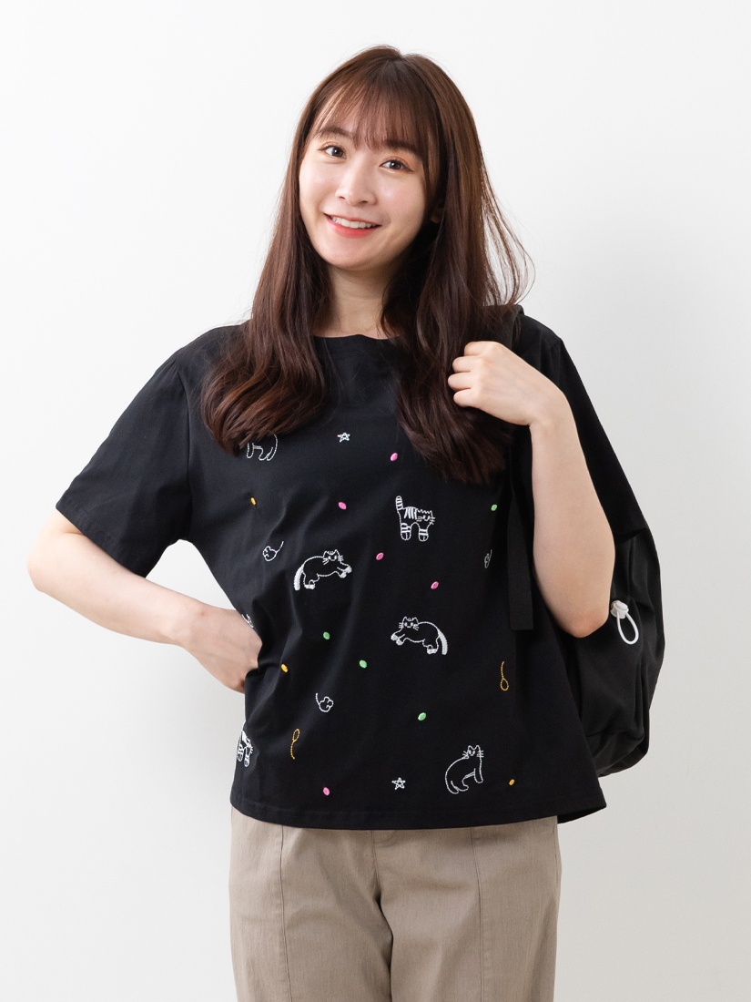 貓咪刺繡上衣貓咪口袋竹節棉九分褲組合