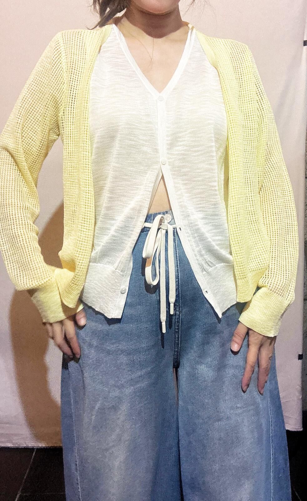 A32a 620628479 假兩件V領開胸外套 - 黃色