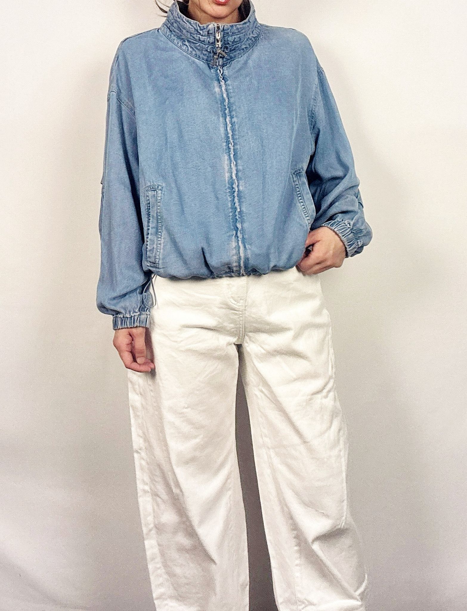 A35 G512323776 法式花邊領抽繩藍色牛仔外套