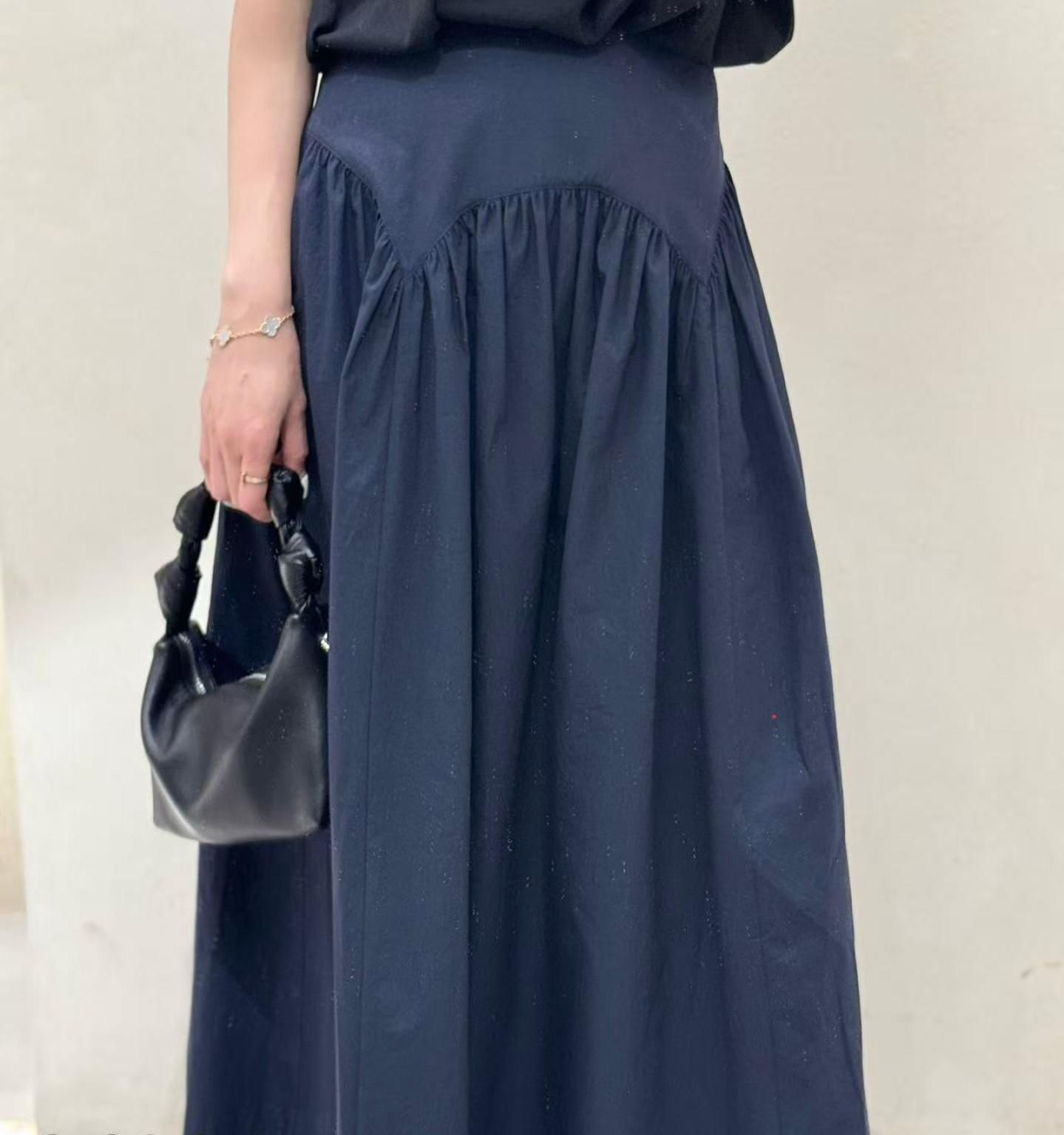 A38b G522724694 純色皺摺半身長裙 - 藍色