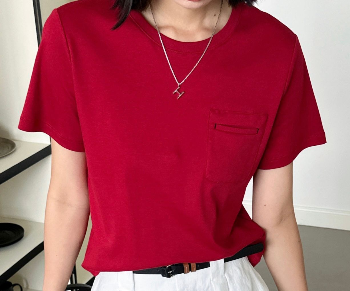 A39a G521025004 純色口袋設計短袖T-Shirt - 紅色