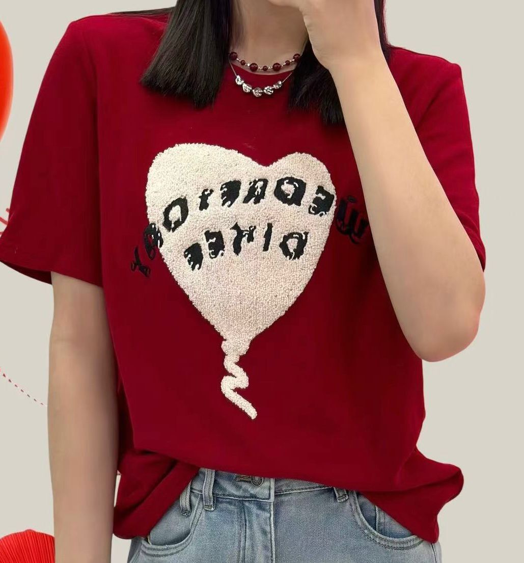A44a D511023425 愛心圖案T-Shirt - 紅色