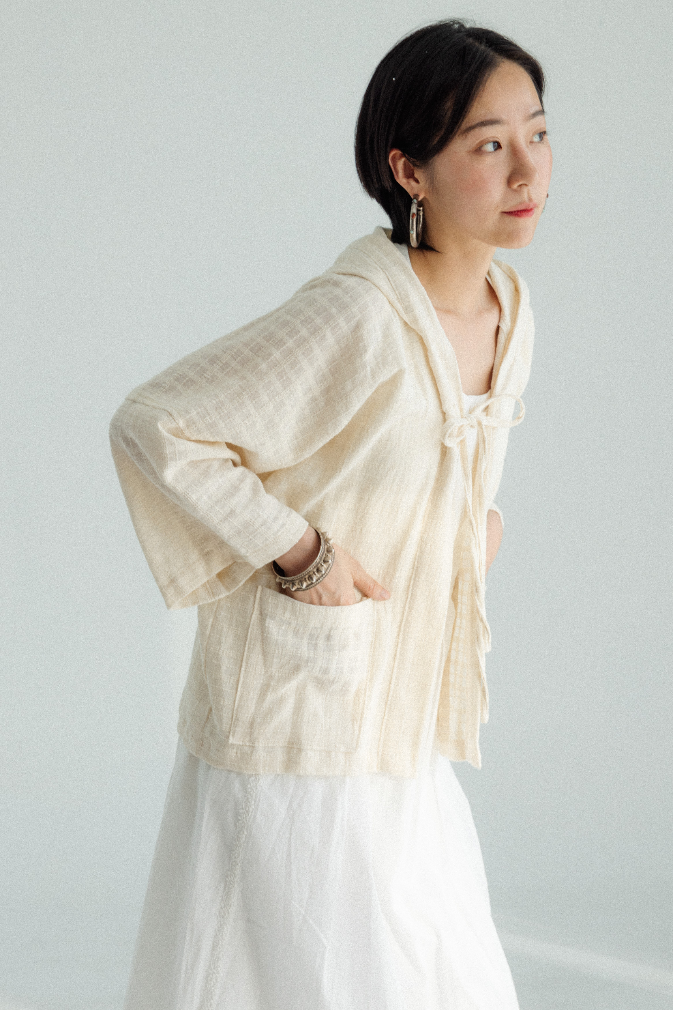 清邁純棉連帽外套_白格