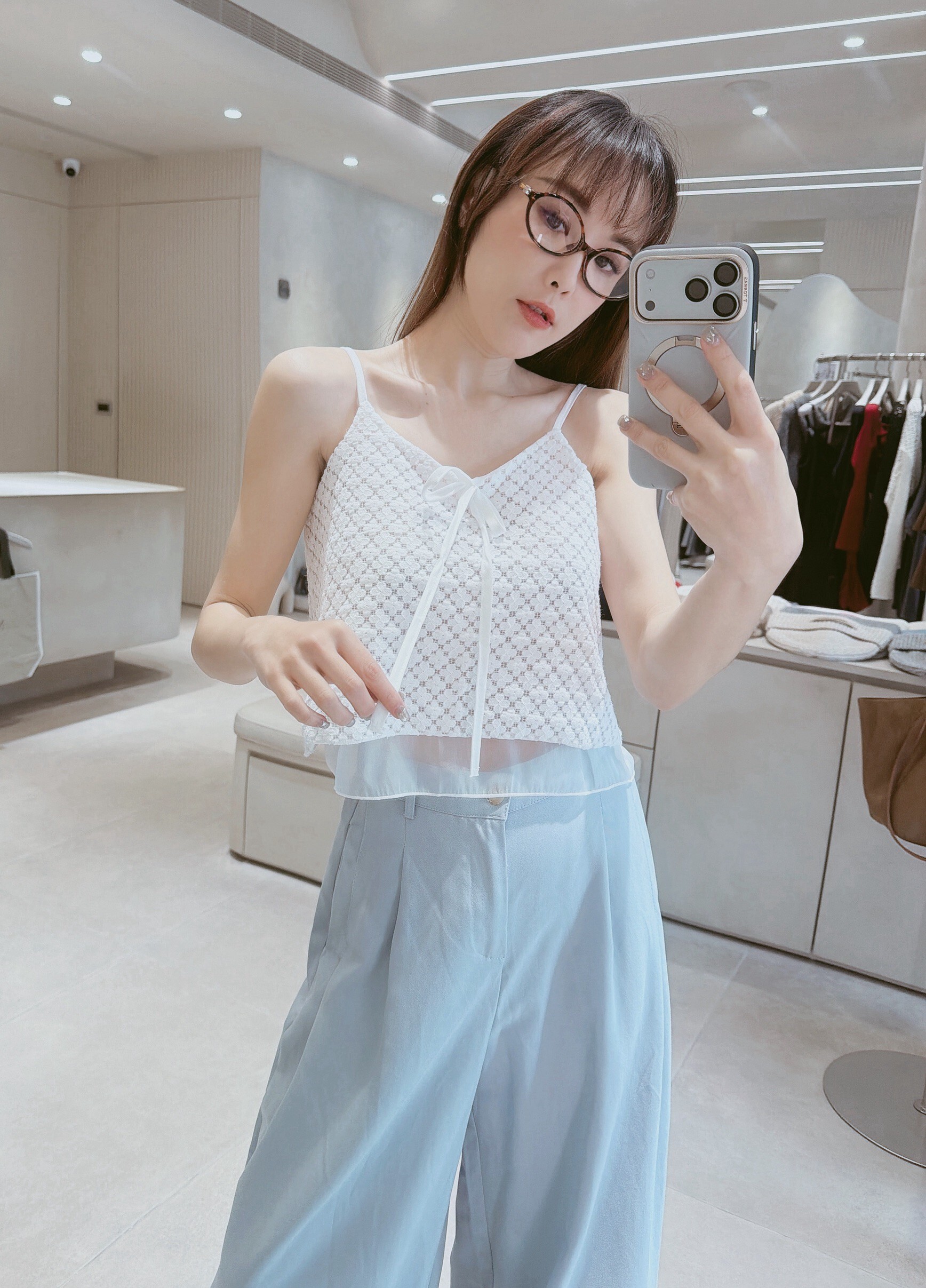 緹花接透紗雙層吊帶背心