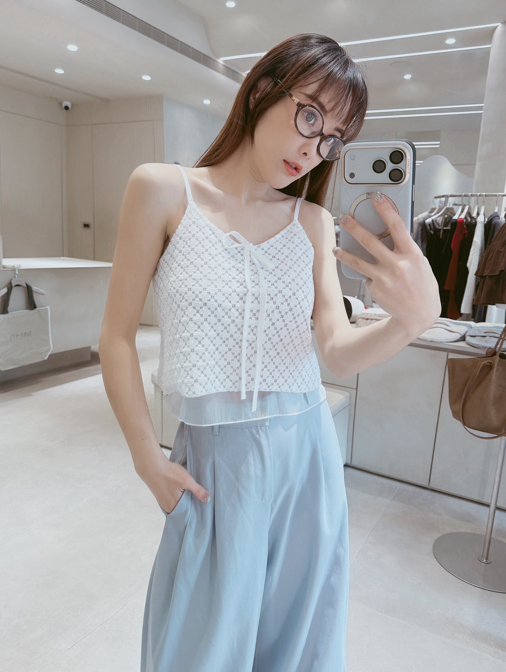 緹花接透紗雙層吊帶背心