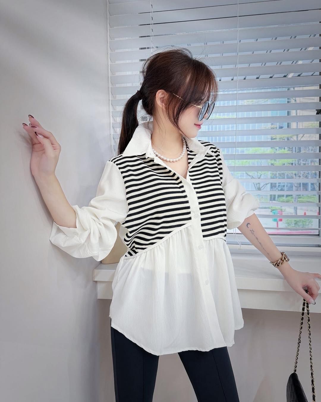 【質感百搭的假兩件條紋拼接襯衫】（預購）