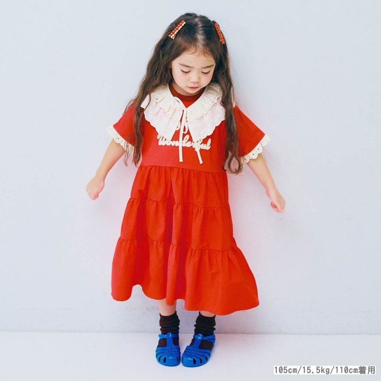 日本 90-140 貼布字母蕾絲袖洋裝 3色