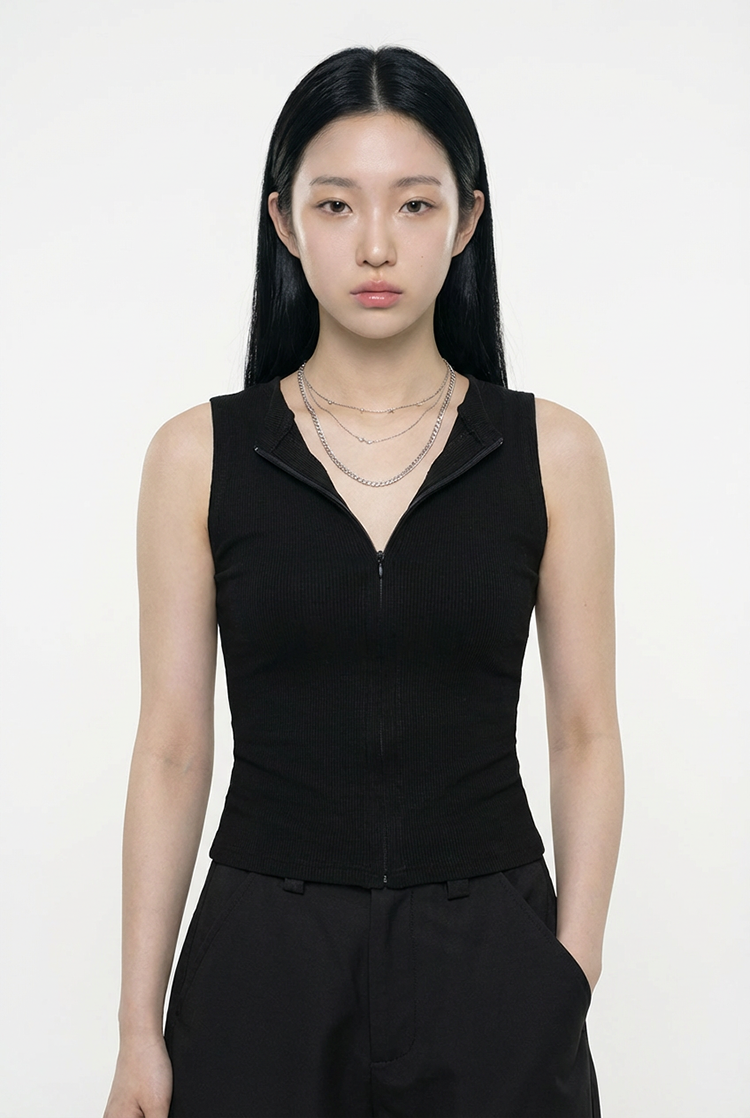 拉鍊羅紋無袖上衣