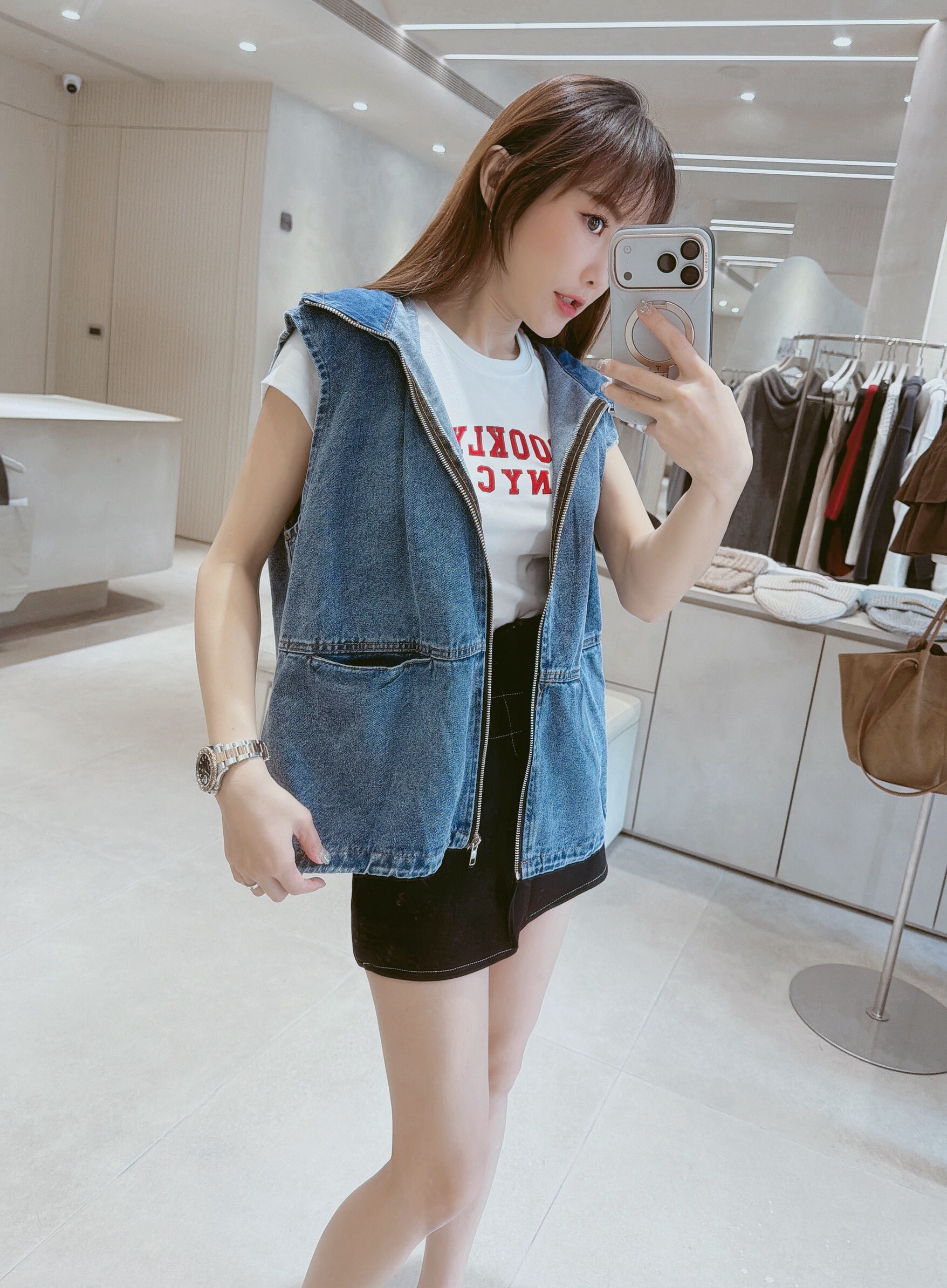 下縮口袋連帽牛仔背心