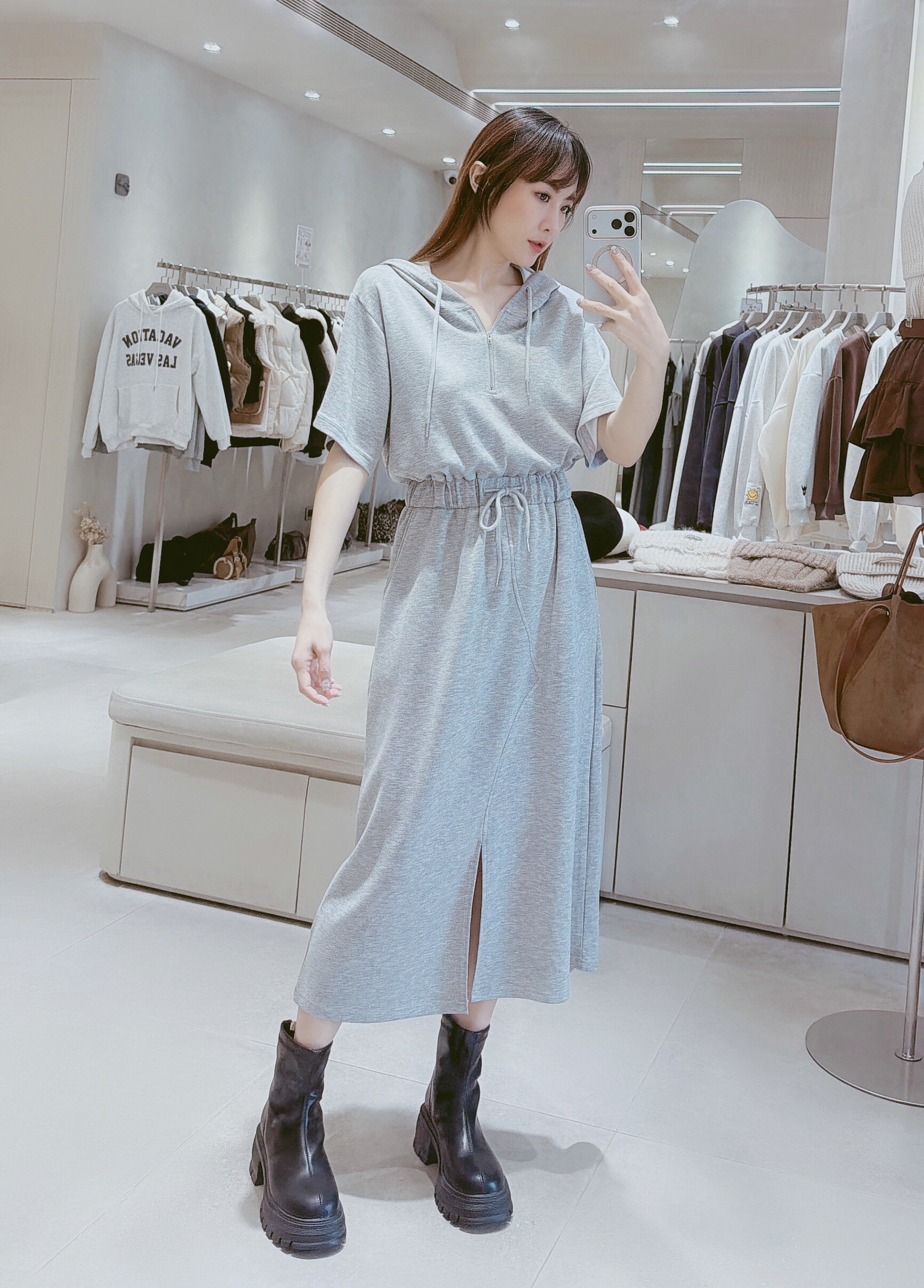 胸拉鍊縮腰開岔連帽長洋