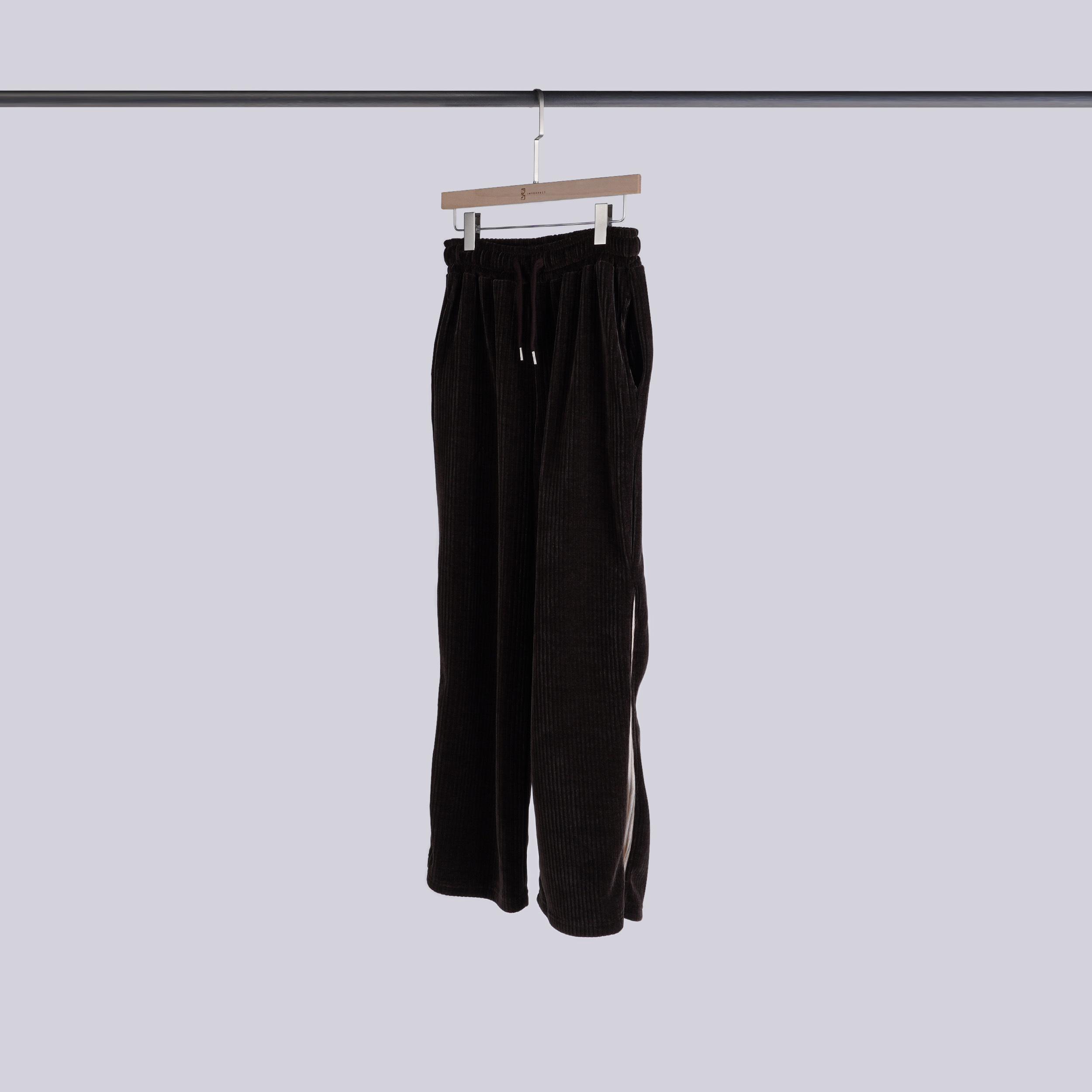 質感撞色側壓釦坑條褲 | 可可棕