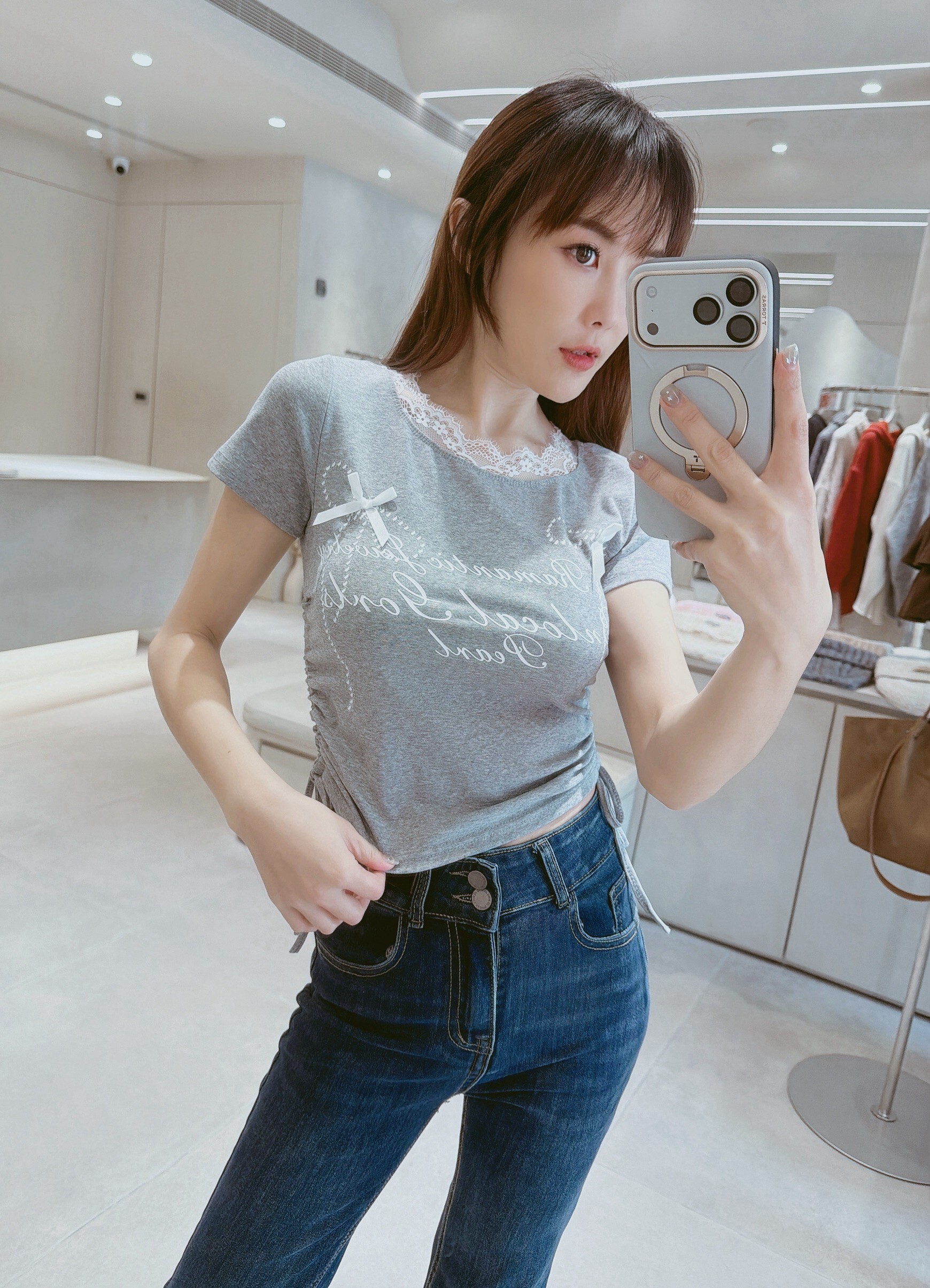 側抽繩領蕾絲蝴蝶結棉質衣