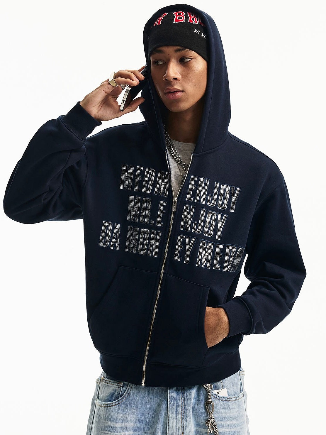 MEDM 包邊繡花燙鑽Logo 雙口袋 連帽外套