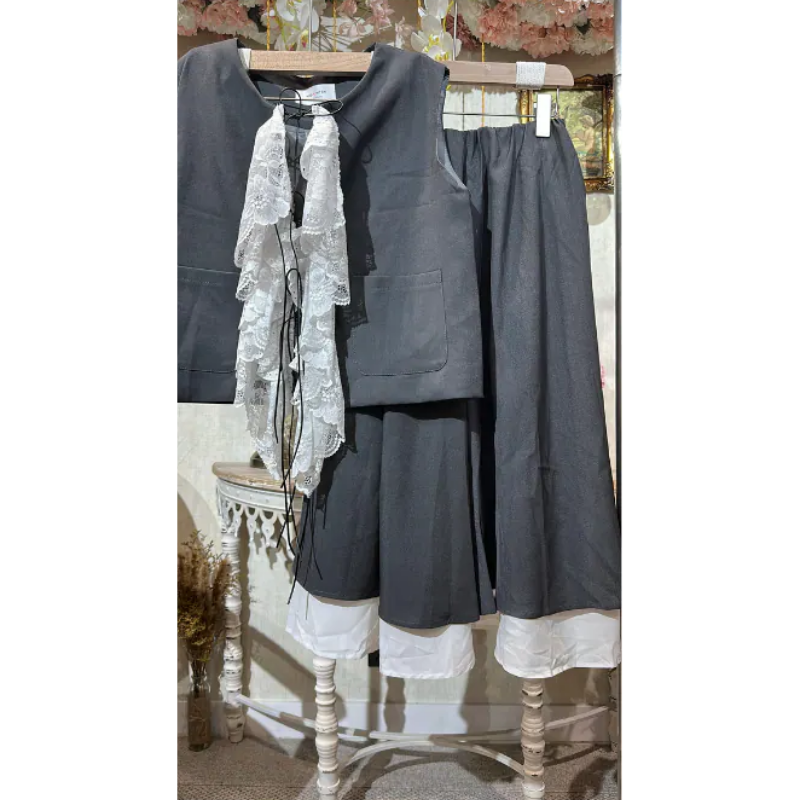 HKCG0302-017 SET灰色蕾絲拼接西裝馬甲裙兩件套 (A17)