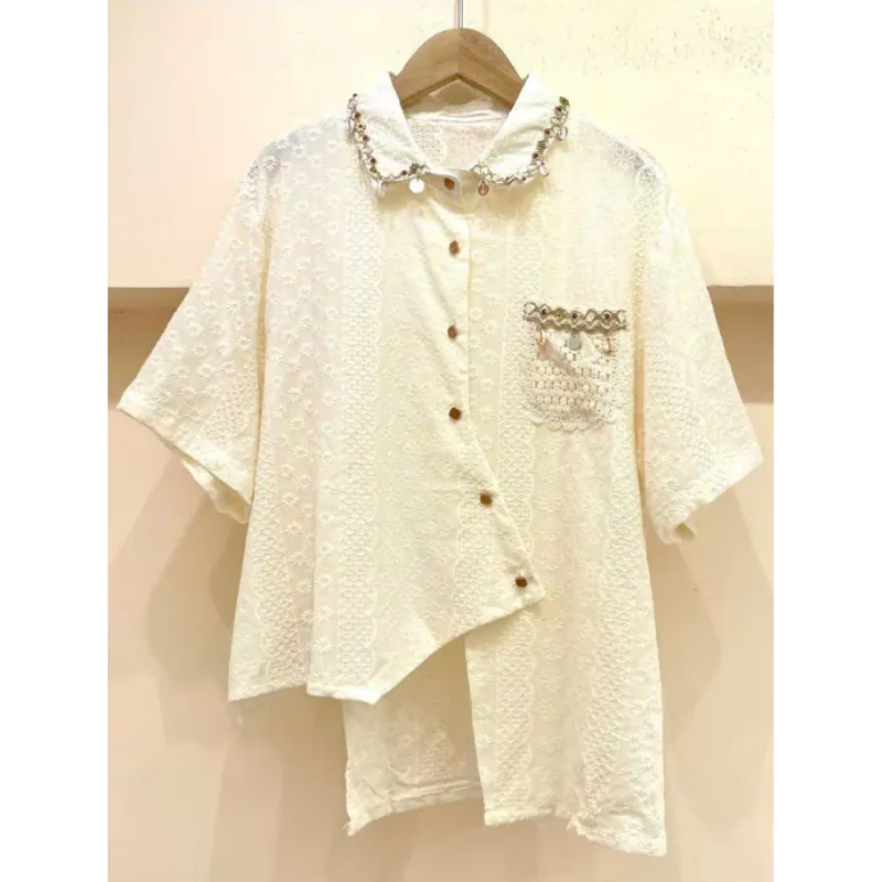 HKCG0302-021 TOP杏色不規則開叉短袖襯衫 (A21)