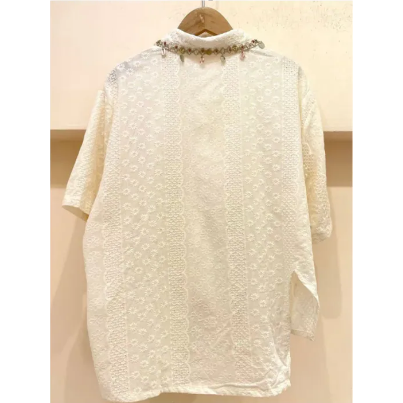 HKCG0302-021 TOP杏色不規則開叉短袖襯衫 (A21)