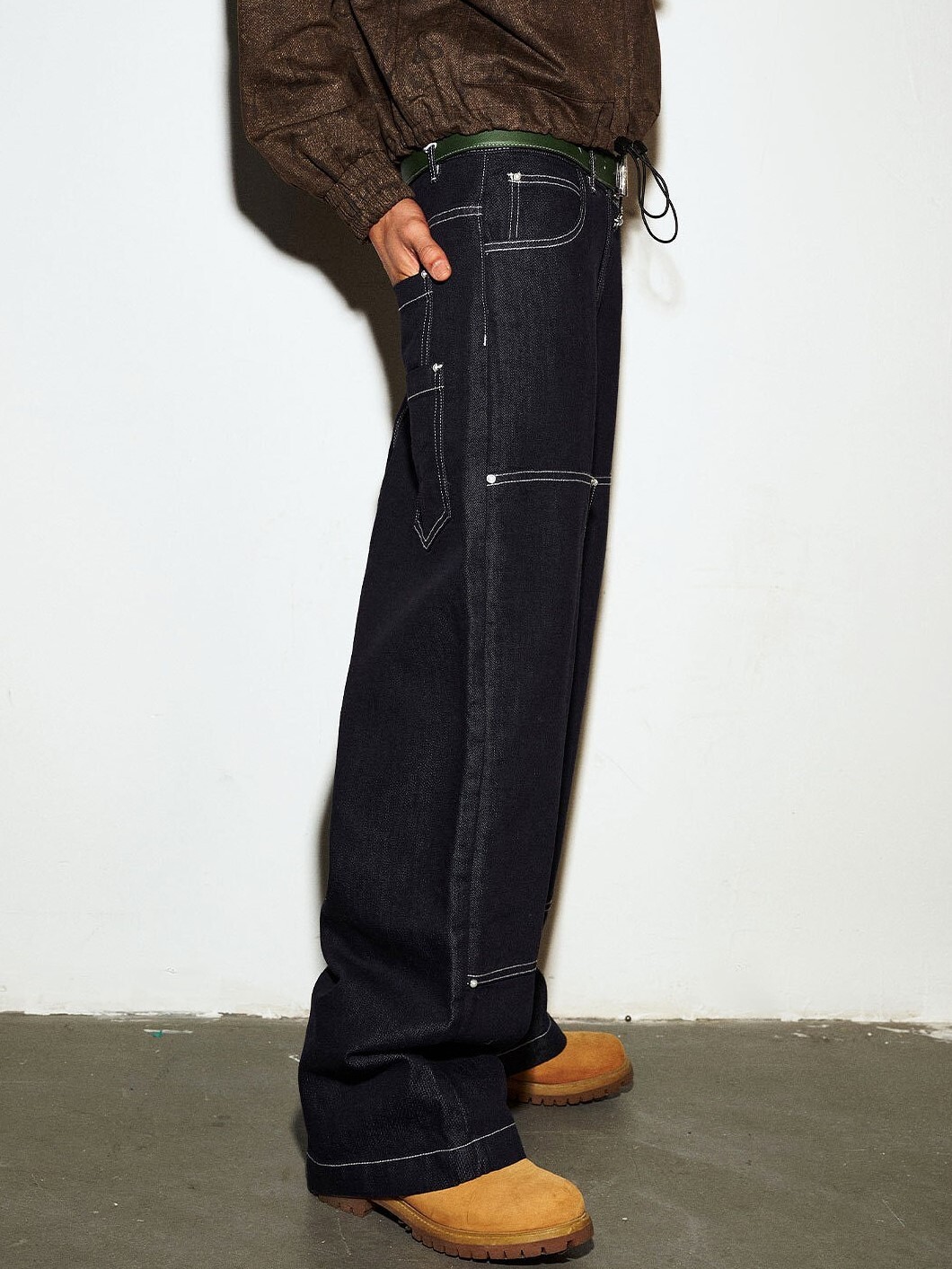 MEDM 硬挺重磅做舊 白色明線 金屬鉚釘 復古工裝 長褲