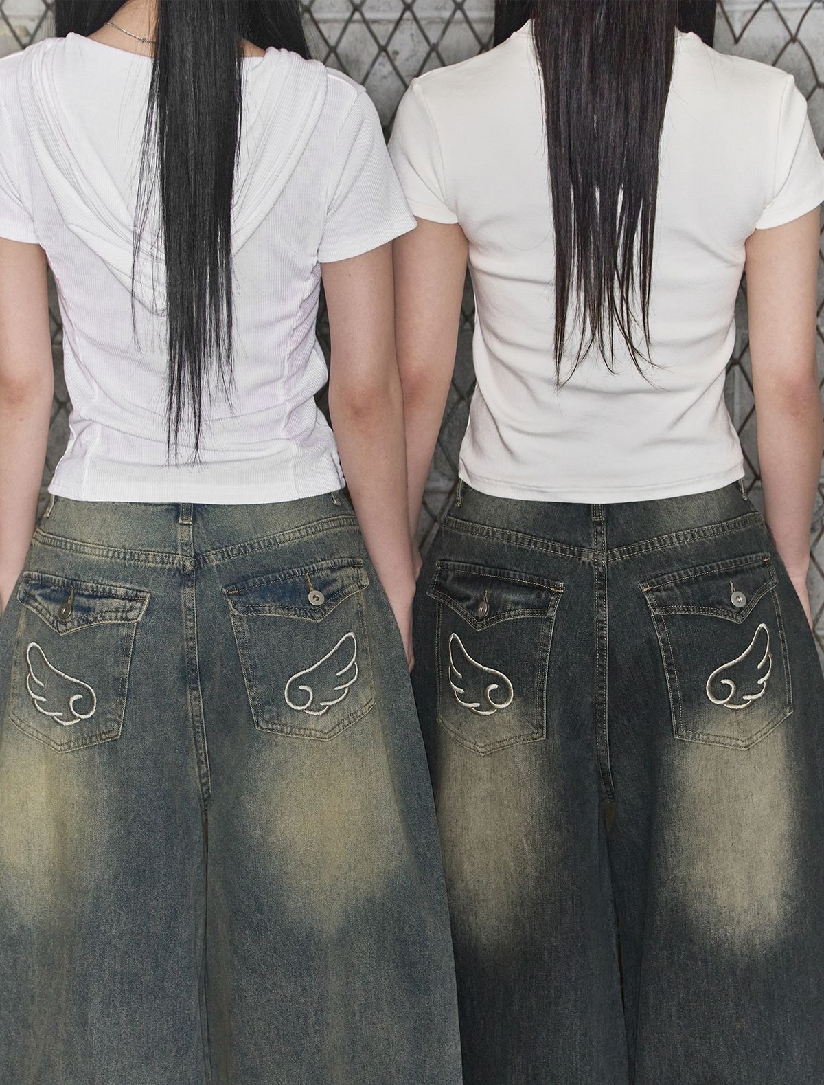 LOOXP 天使翅膀 水洗 氣氣 丹寧 牛仔 寬褲 長褲