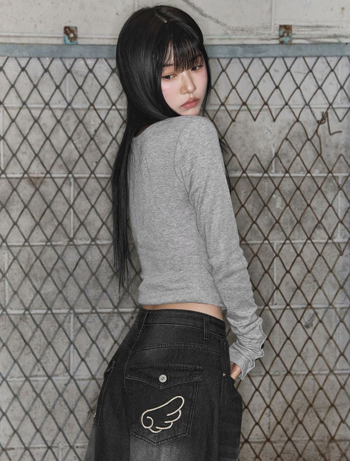 LOOXP 天使翅膀 水洗 氣氣 丹寧 牛仔 寬褲 長褲