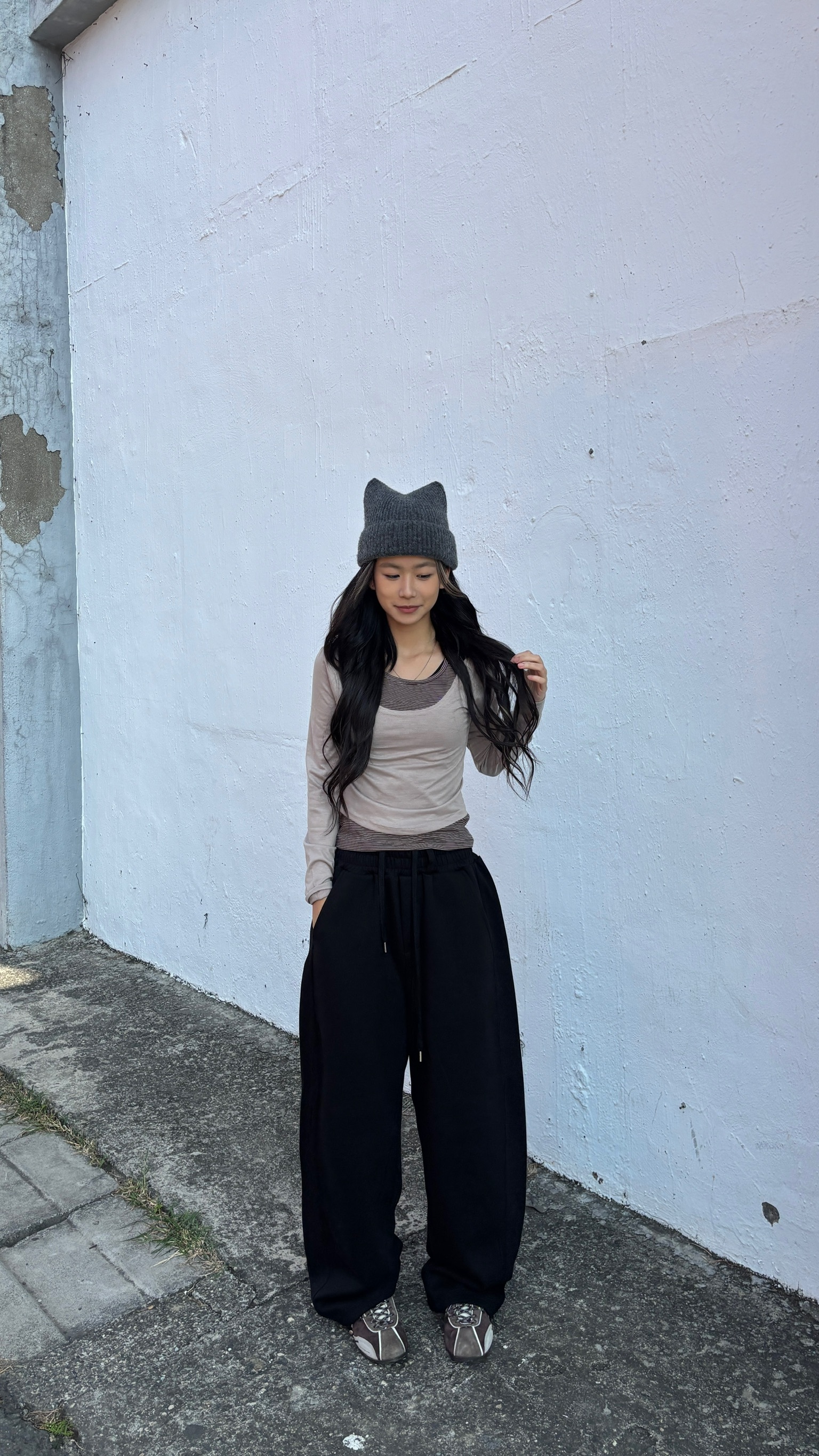 正韓 假兩件條紋薄長Tee