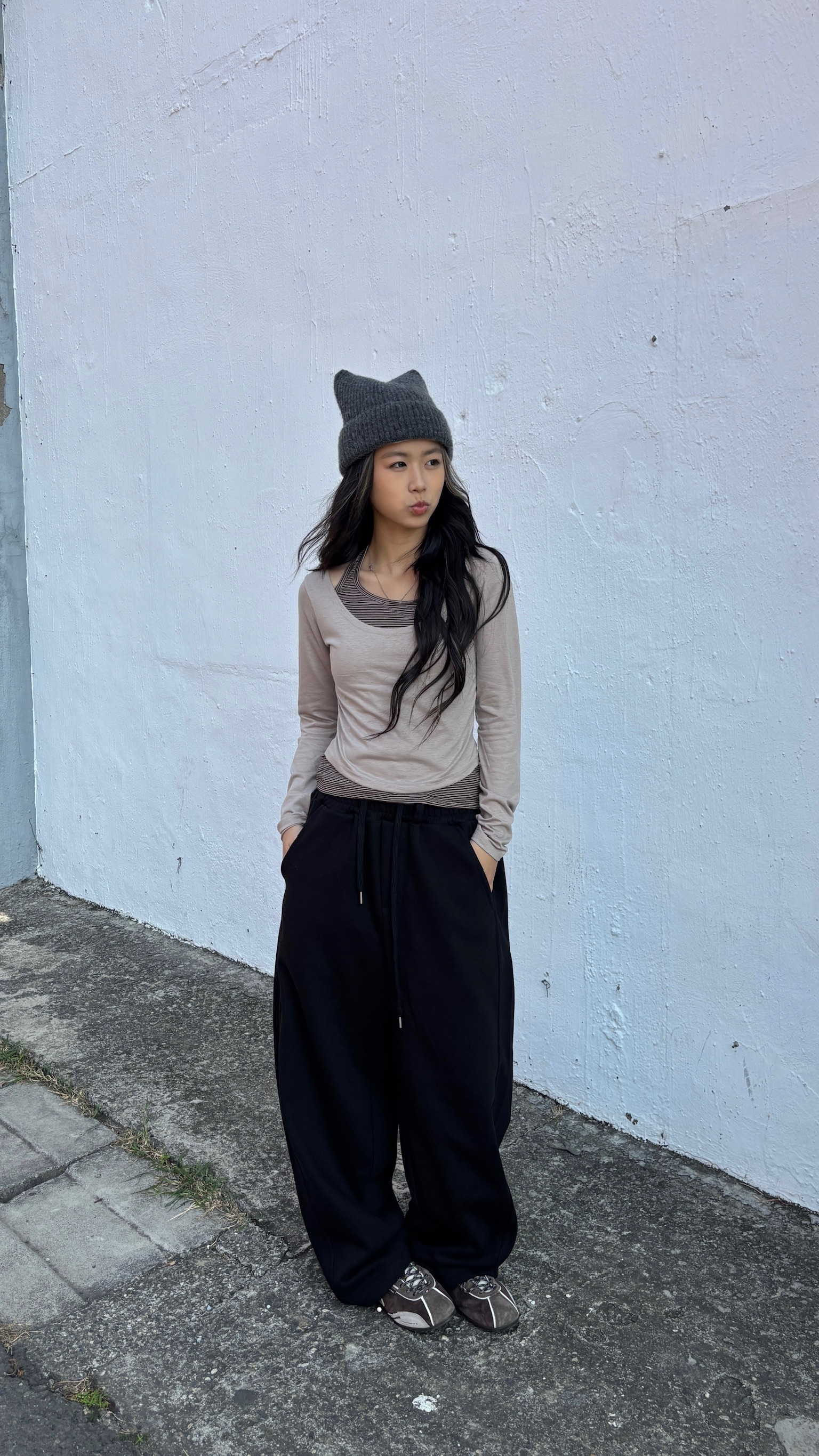 正韓 假兩件條紋薄長Tee