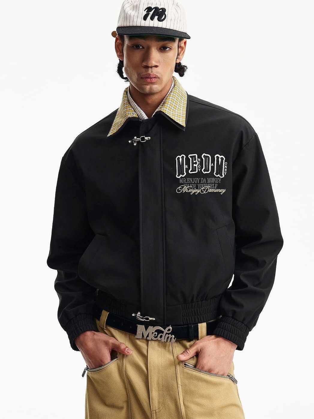 MEDM 字母刺繡貼布Logo 格紋撞色 消防扣 翻領外套